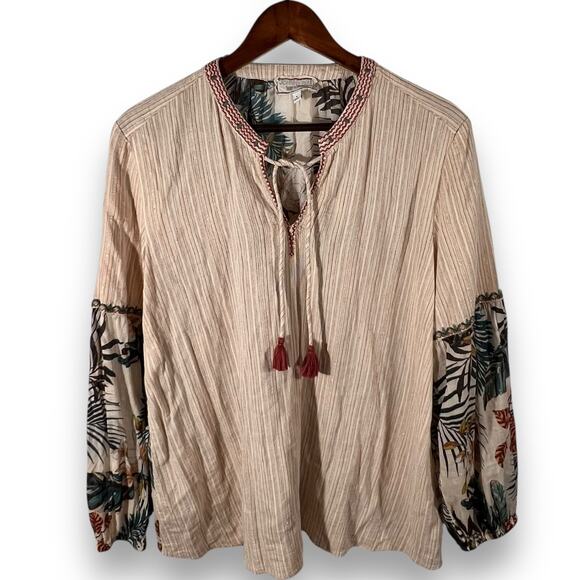 Johnny Was JW Workshop Blouse Women Small Tan Embroidered Sleeve Tassel Tie Boho - Picture 3 of 12